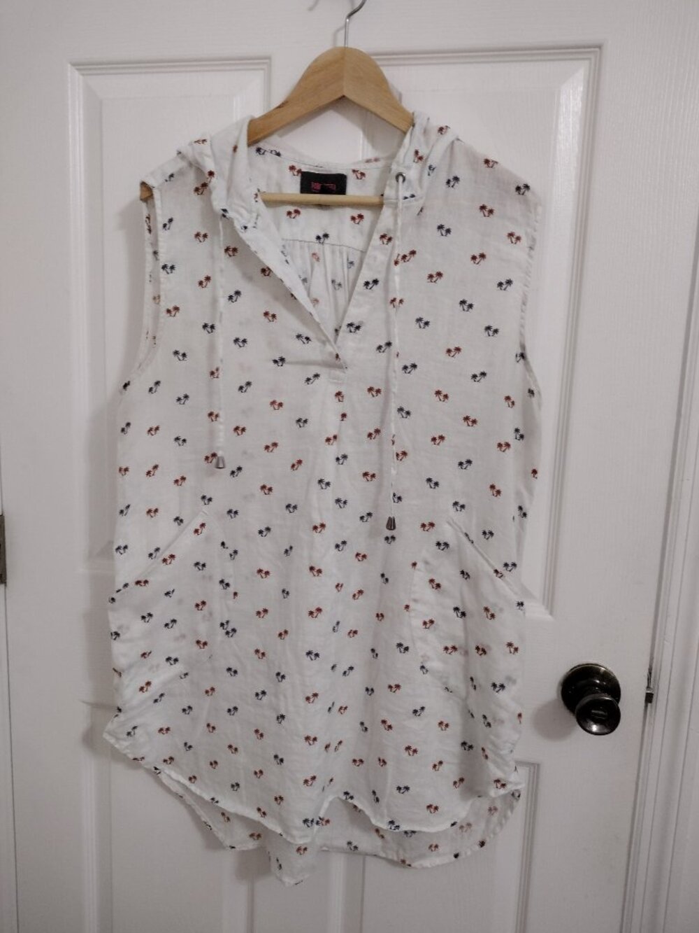 For Cynthia Beachwear Linen Hooded Tunic Sleeveless Palm Print Cover Up - Picture 4 of 8